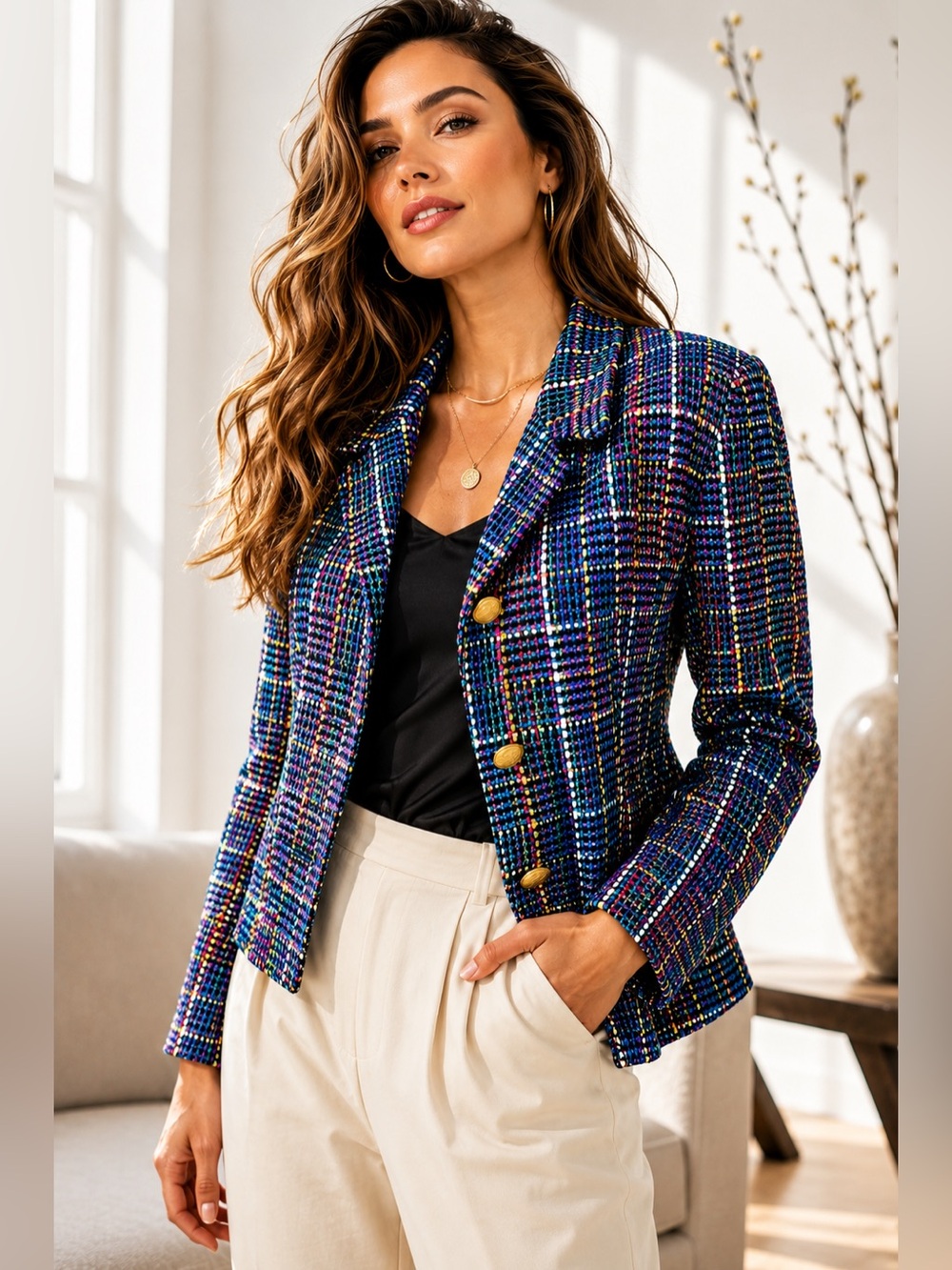 Vintage Doncaster Silks 100% Silk Multicolor Tweed Blazer Gold Buttons Size 8